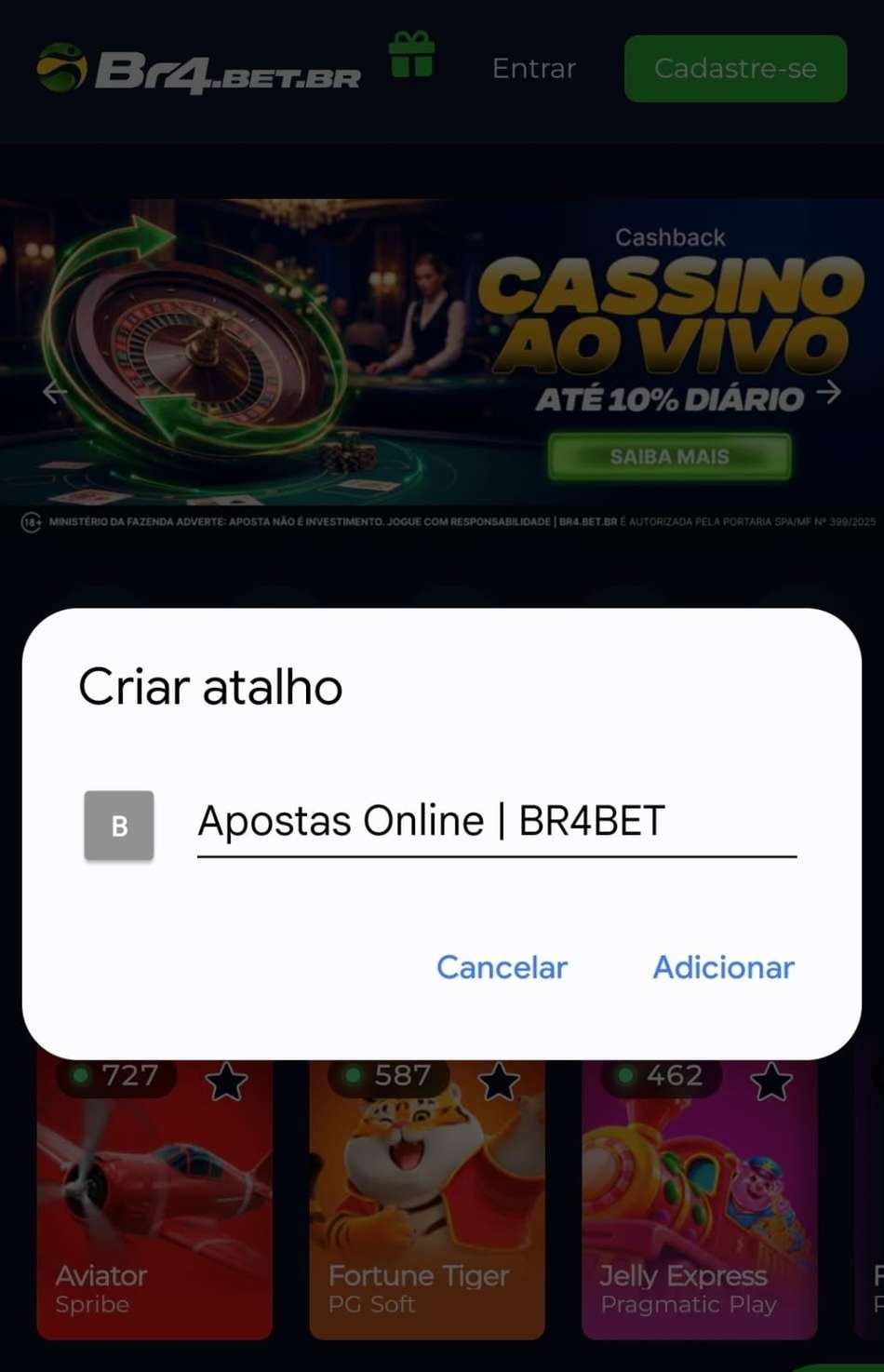 aptura de tela do site da BR4BET exibindo o botão para confirmar a criação de um atalho