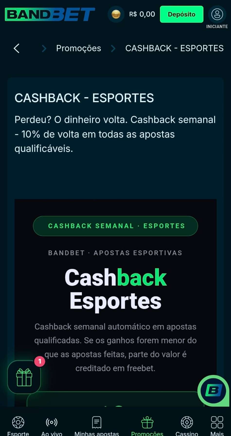 Captura de tela da BandBet exibindo a campanha de cashback esportivo.
