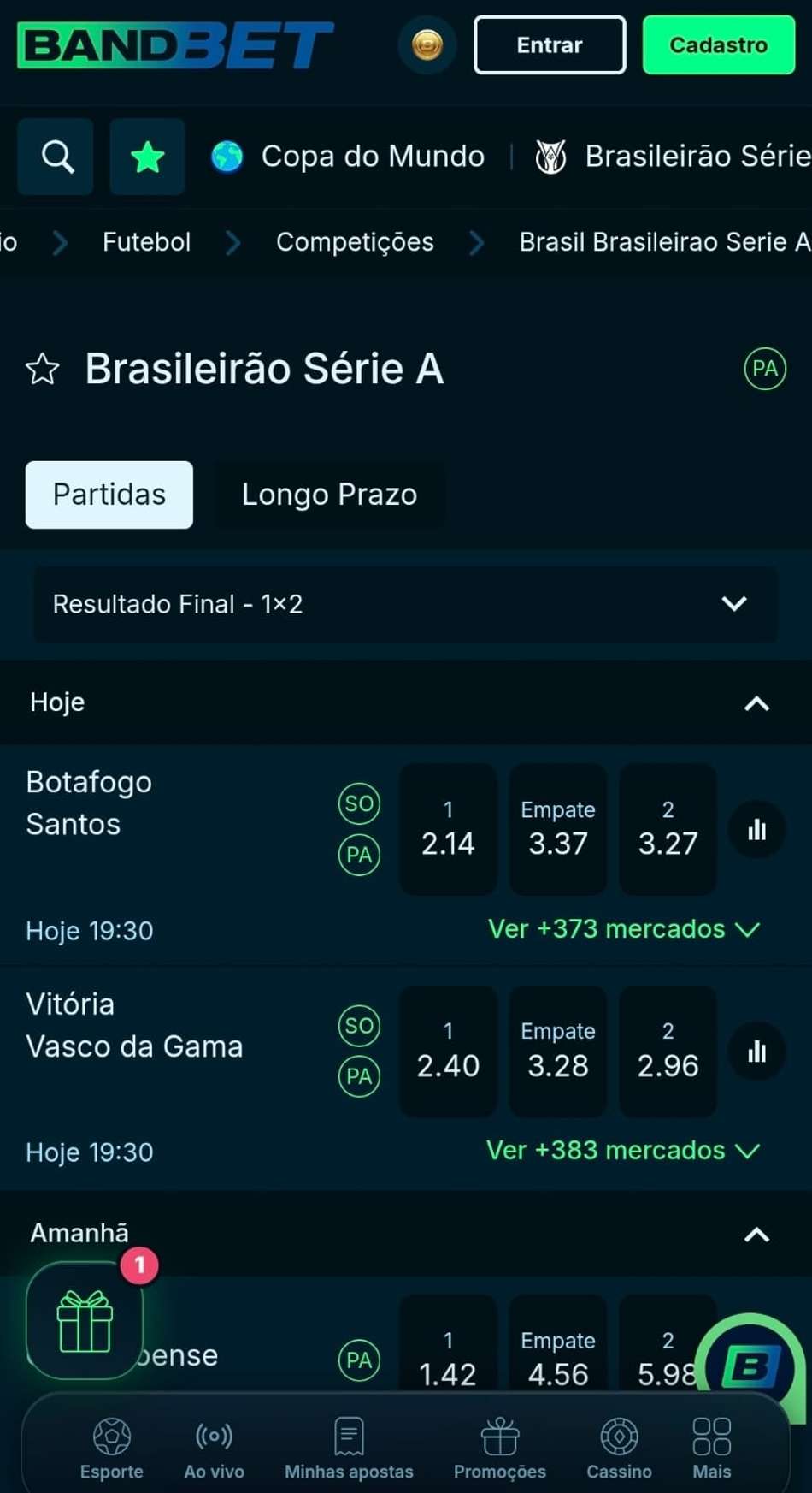 Captura de tela da página do Brasileirão de 2026 na BandBet com o recurso de Pagamento Antecipado.