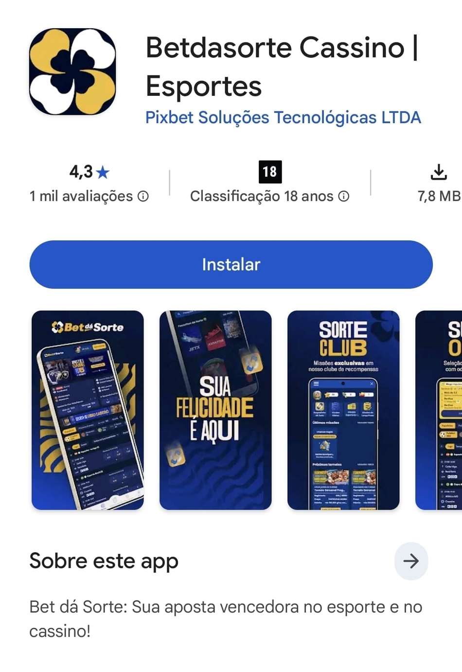 Captura de tela do aplicativo da Bet Dá Sorte na Play Store.