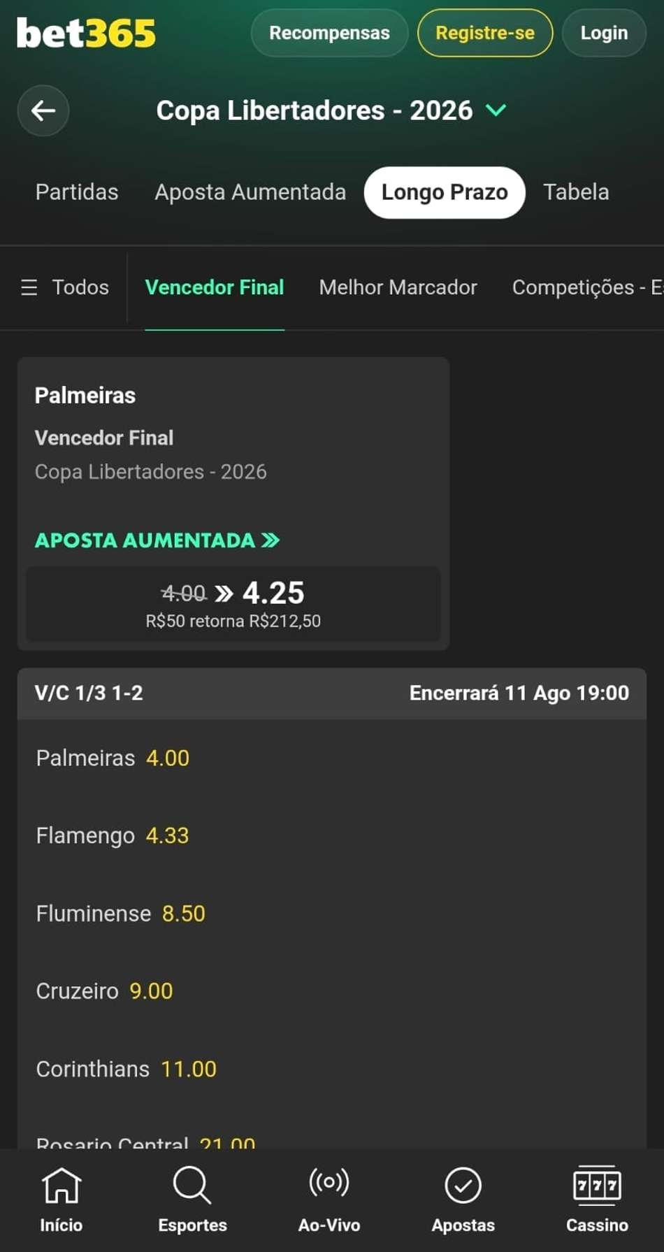Captura de tela dos mercados de apostas de longo prazo para a Copa Libertadores na bet365.