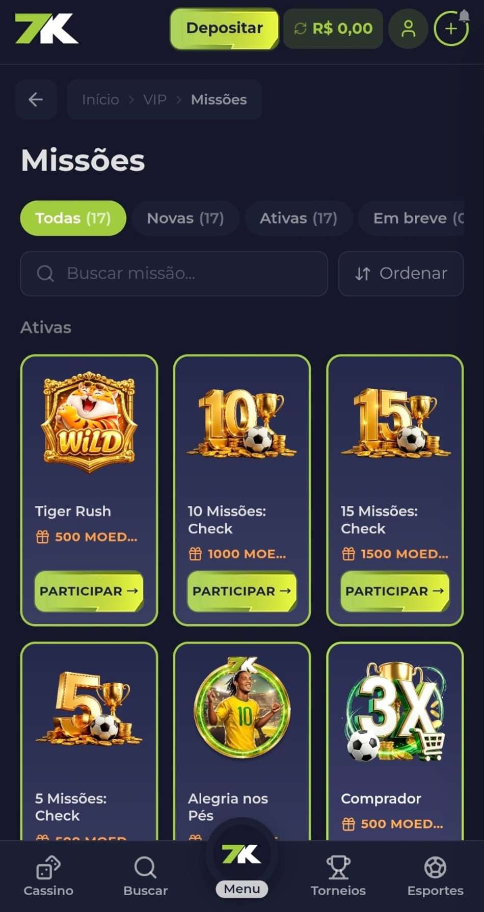 Captura de tela das missões com recompensas da Bet7K.