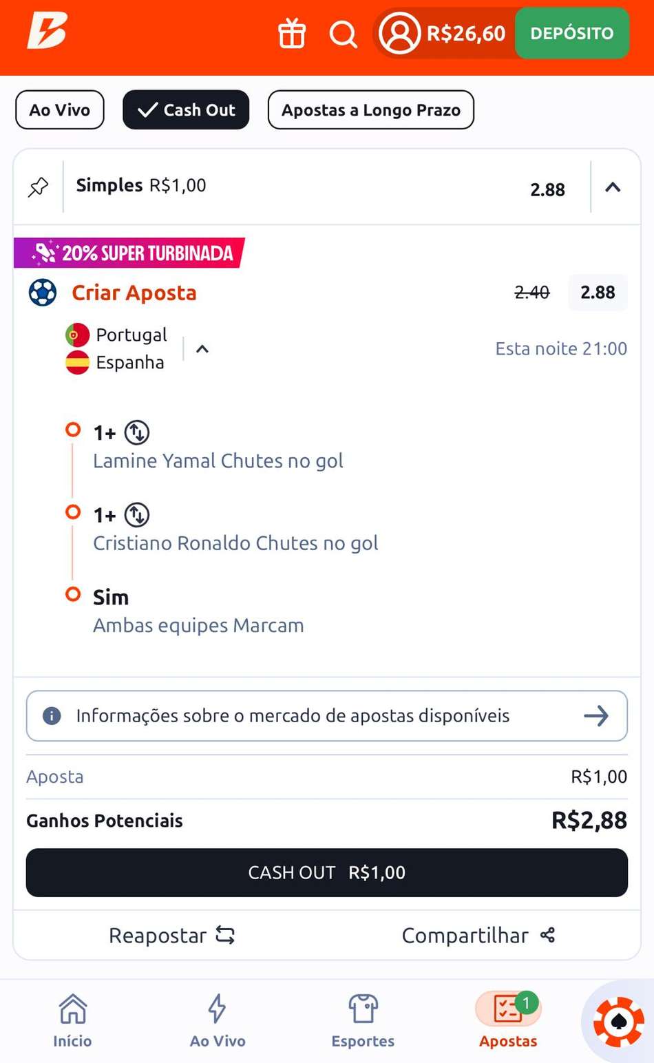 Captura da tela de Cash Out na Copa do Mundo na Betano.