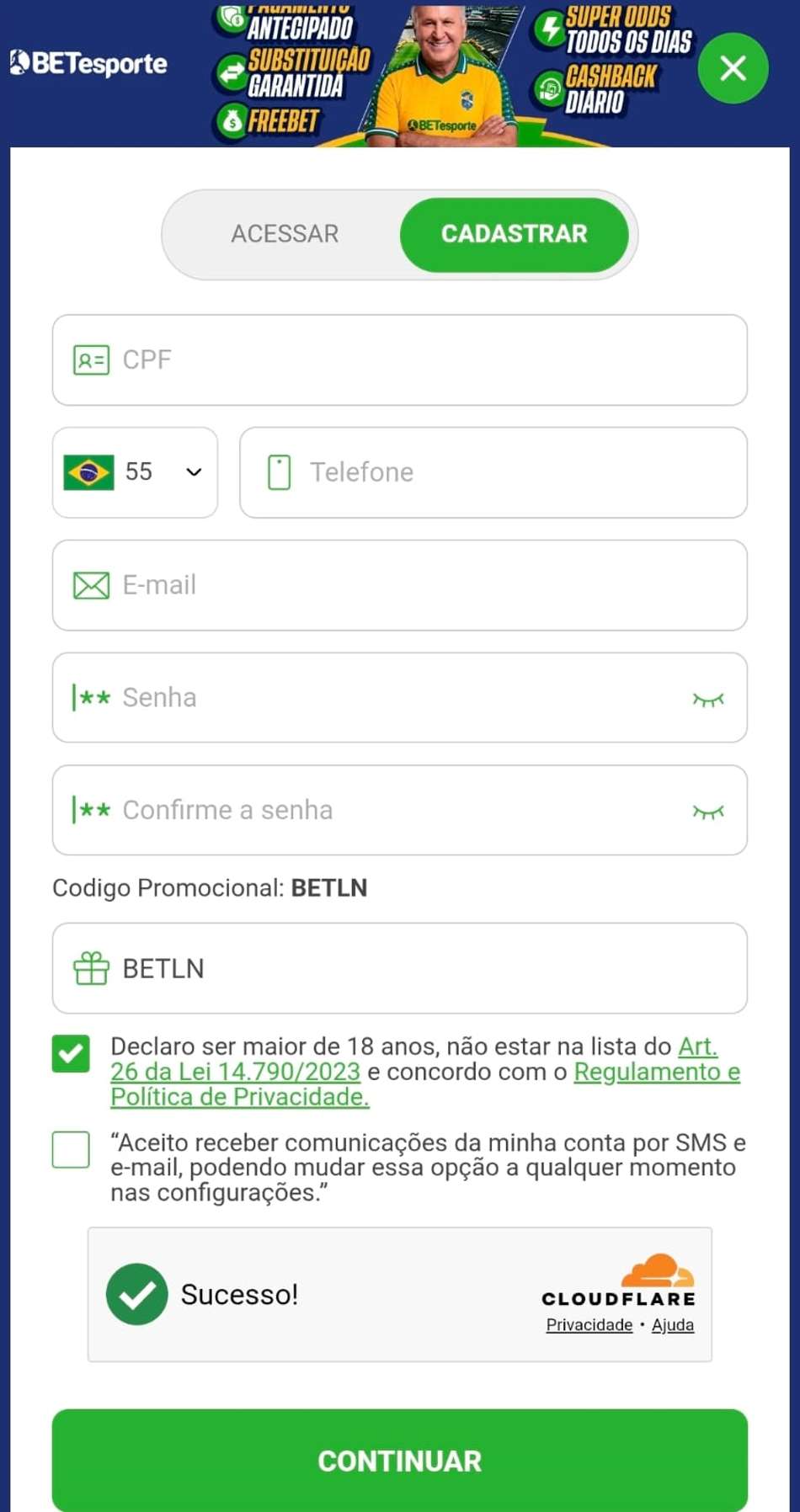 Captura de tela do formulário de cadastro com o código promocional BETesporte preenchido.