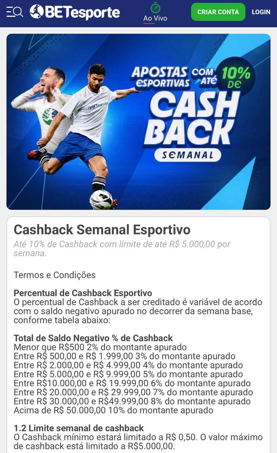 Captura de tela da promoção de cashback semanal na plataforma nova BETesporte.
