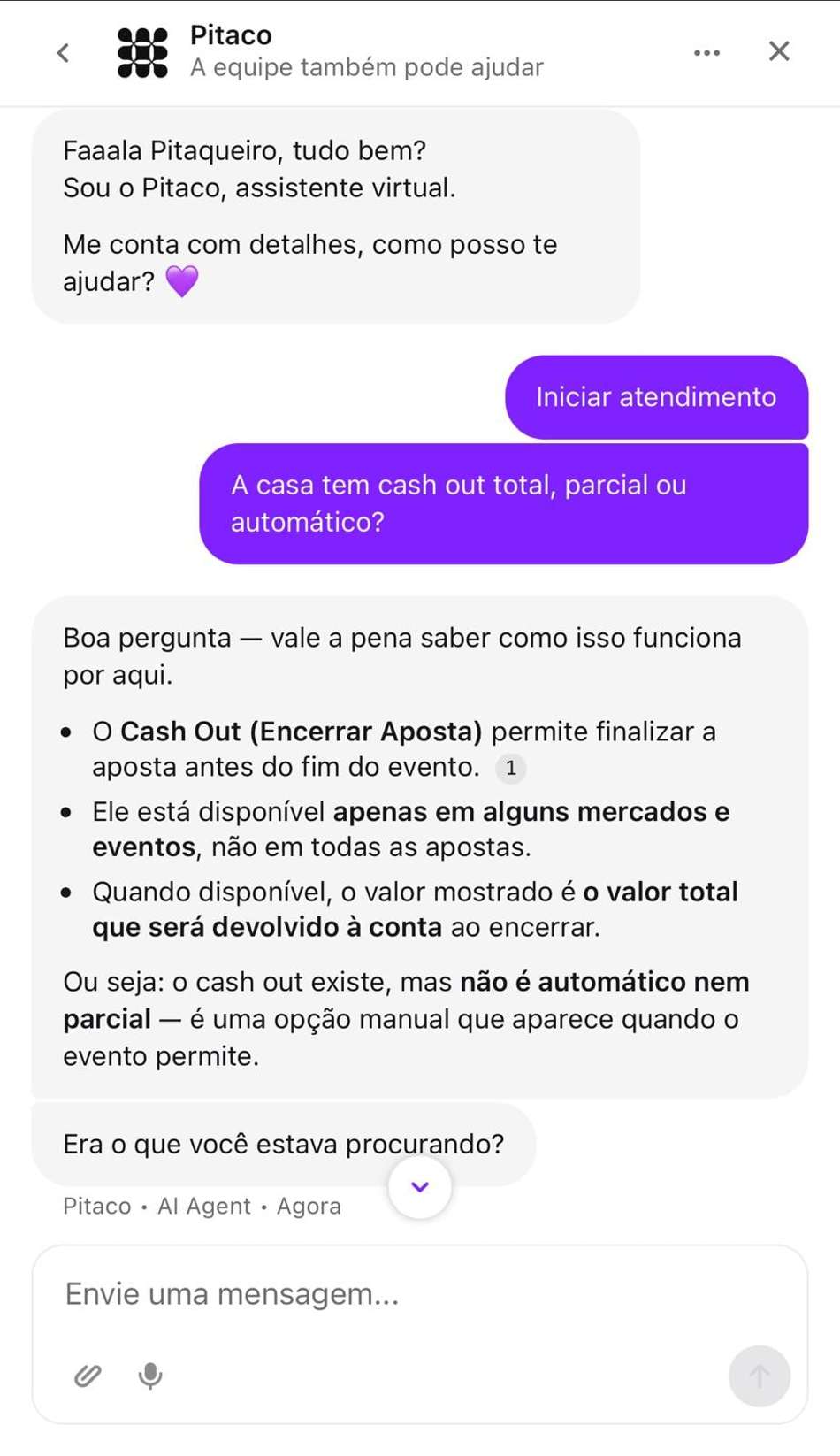 Captura de tela da página de atendimento da bet autorizada Pitaco.