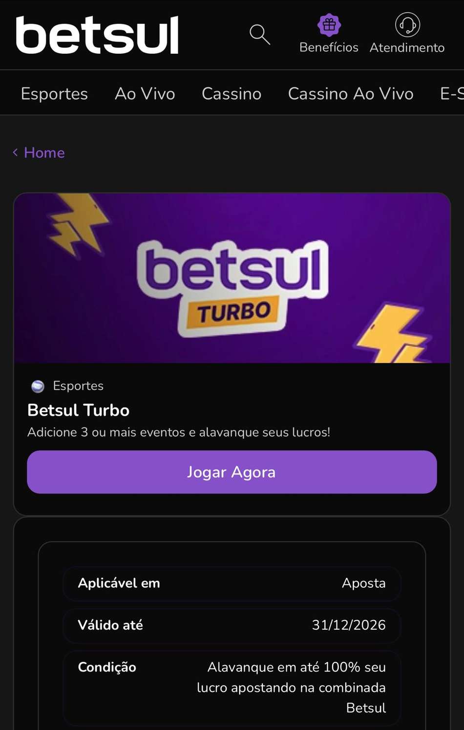 Captura de tela da plataforma nova Betsul.