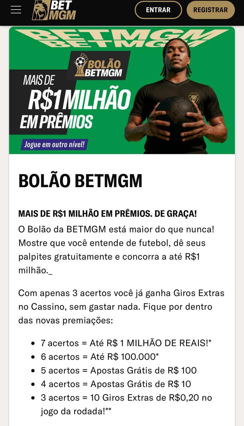 Captura de tela do bolão BetMGM, com até R$1 milhão em prêmios.
