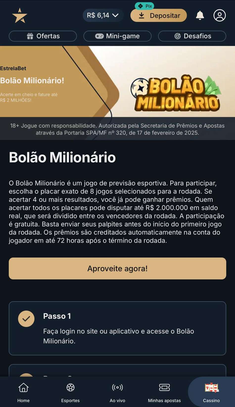 Captura de tela do Bolão Milionário da EstrelaBet, uma marca que costuma oferece bolão na Copa do Mundo.