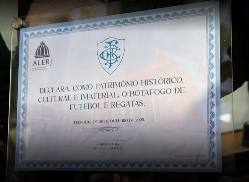 Diploma do Botafogo de patrimônio histórico, cultural e imaterial do Estado do Rio de Janeiro