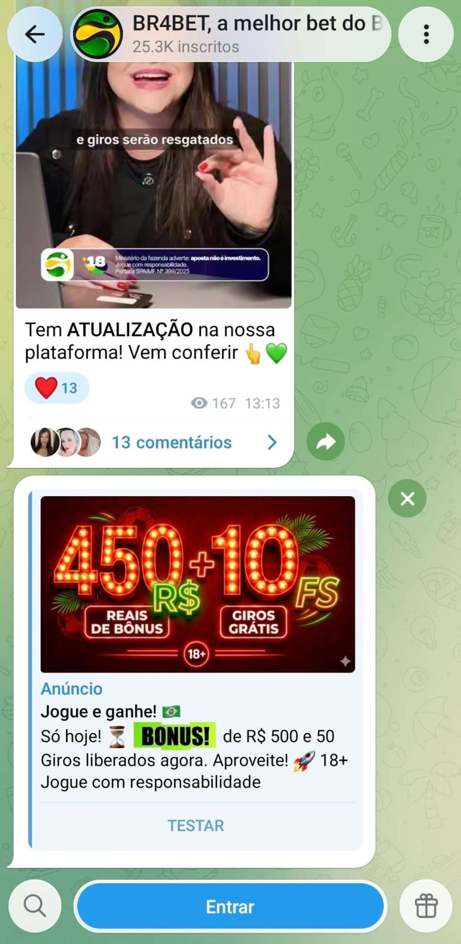 Captura de tela do grupo de apostas esportivas da BR4BET.