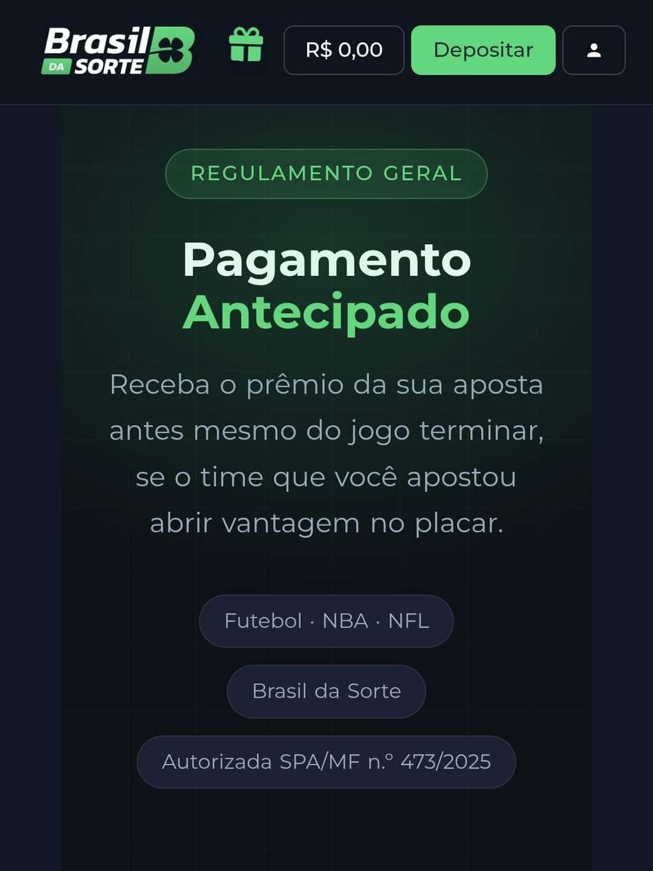 Captura de tela da Brasil da Sorte exibindo o regulamento geral da oferta de Pagamento Antecipado.