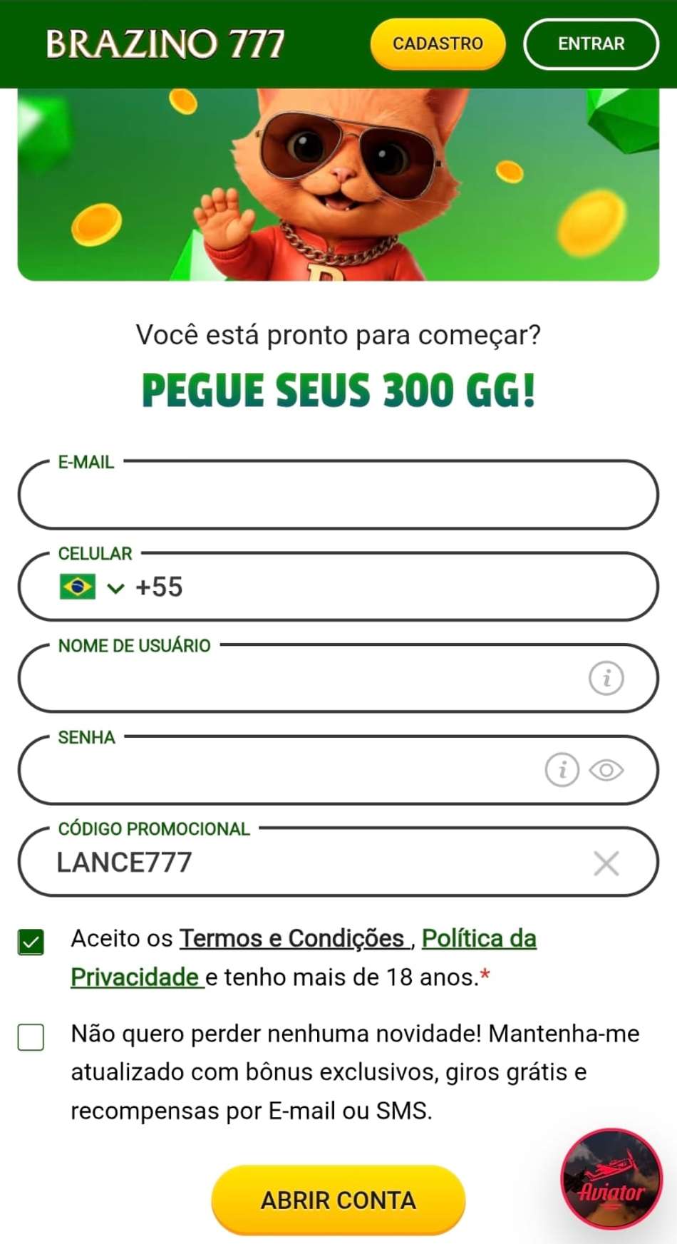 Captura de tela do formulário de cadastro na Brazino777 com os campos para e-mail, senha, telefone e nome de usuário.