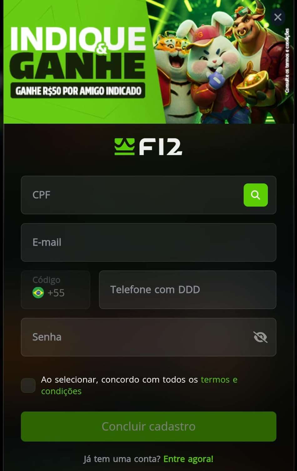Captura de tela da página de cadastro da F12.Bet.