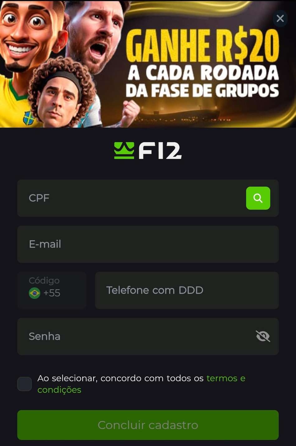 Captura de tela da página de cadastro da F12.Bet.