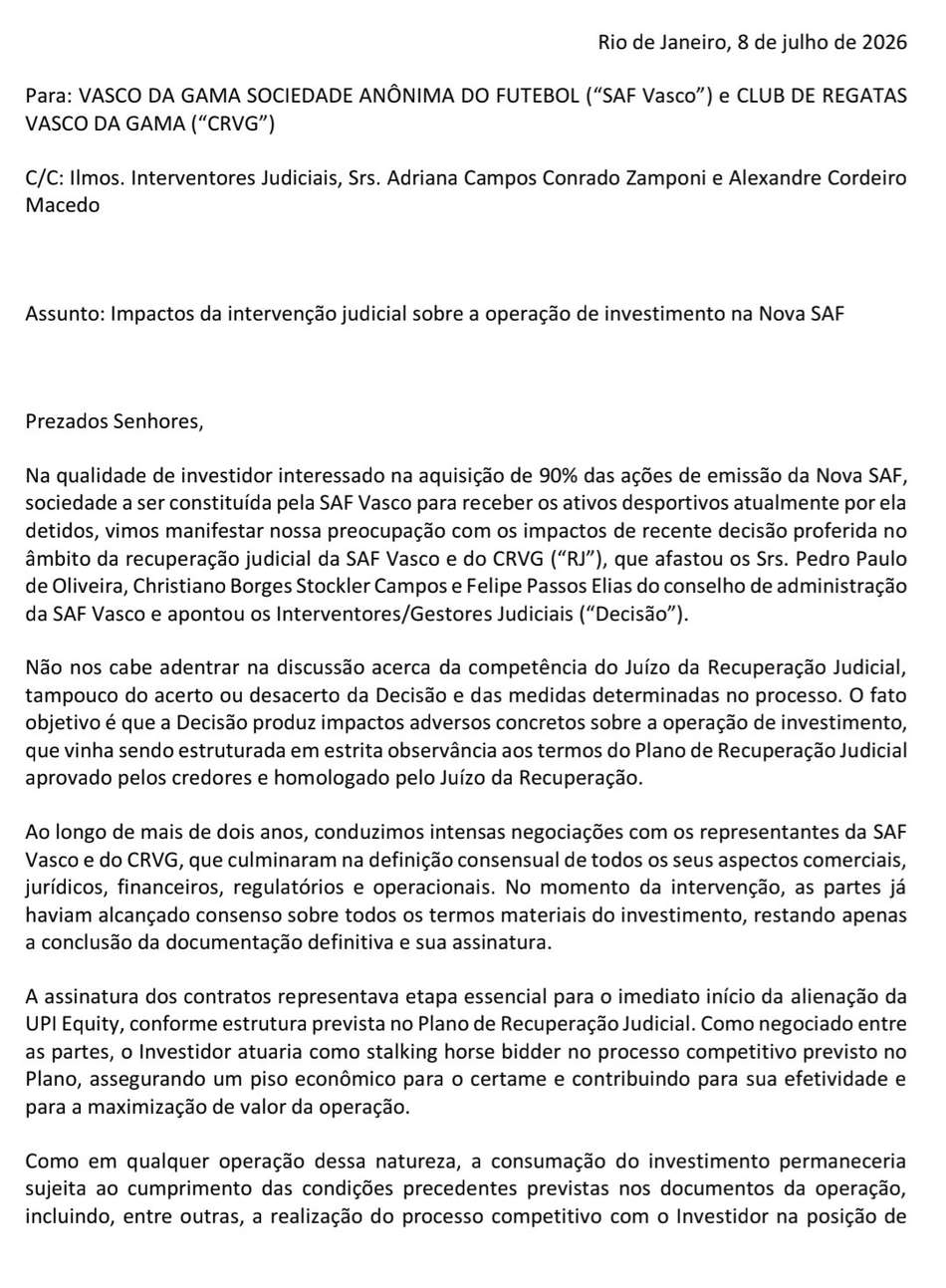 carta do empresário Marcos Lamacchia - Vasco protocola documento na justiça