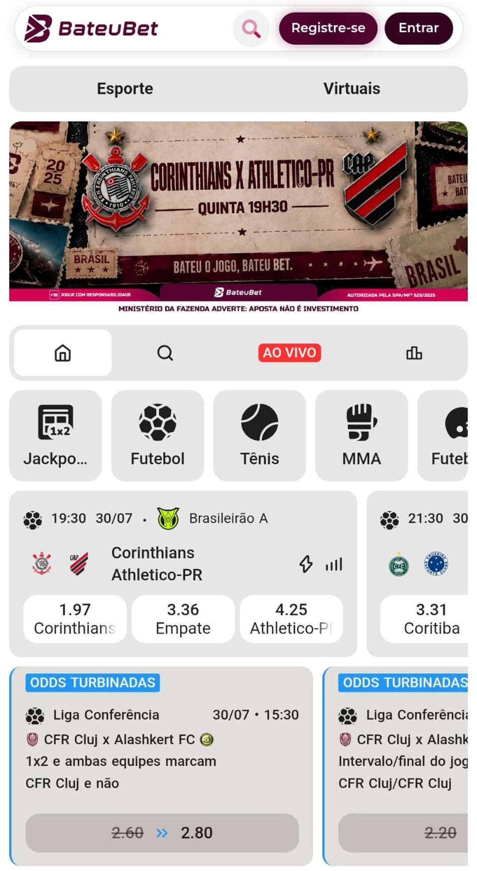 Captura de tela das odds turbinadas da Bateubet.