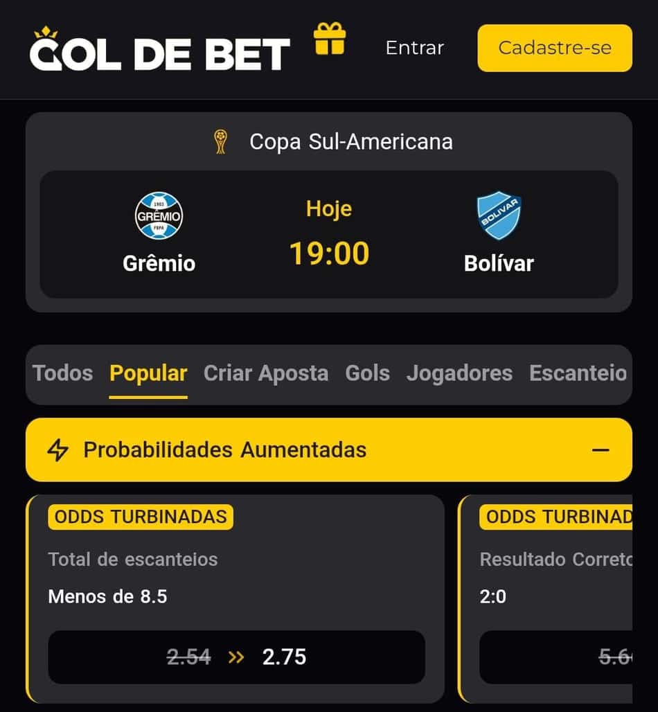 Captura de tela de uma partida da Copa Sul-Americana na casa de apostas Gol de Bet.