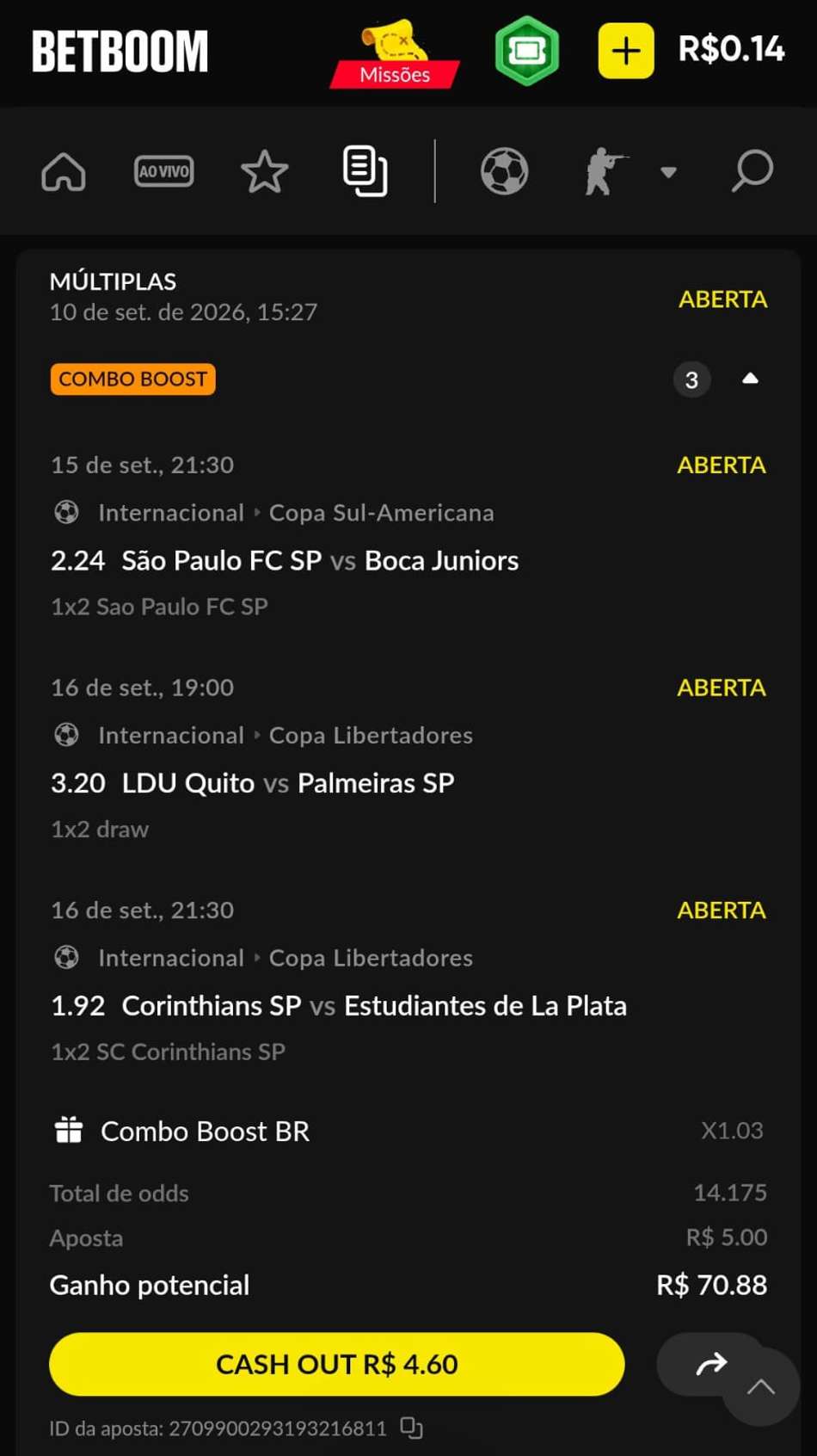 Captura de tela do Cash Out na BetBoom.