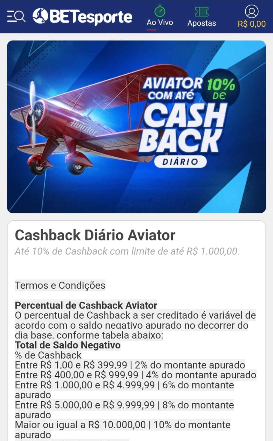 Captura de tela da promoção de cashback da BETesporte para as apostas no Aviator.