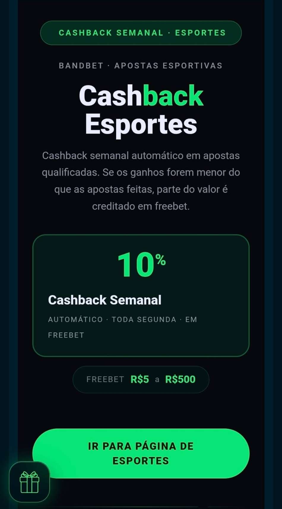 Captura de tela da oferta Cashback Esportes da BandBet com até R$500 em apostas grátis.