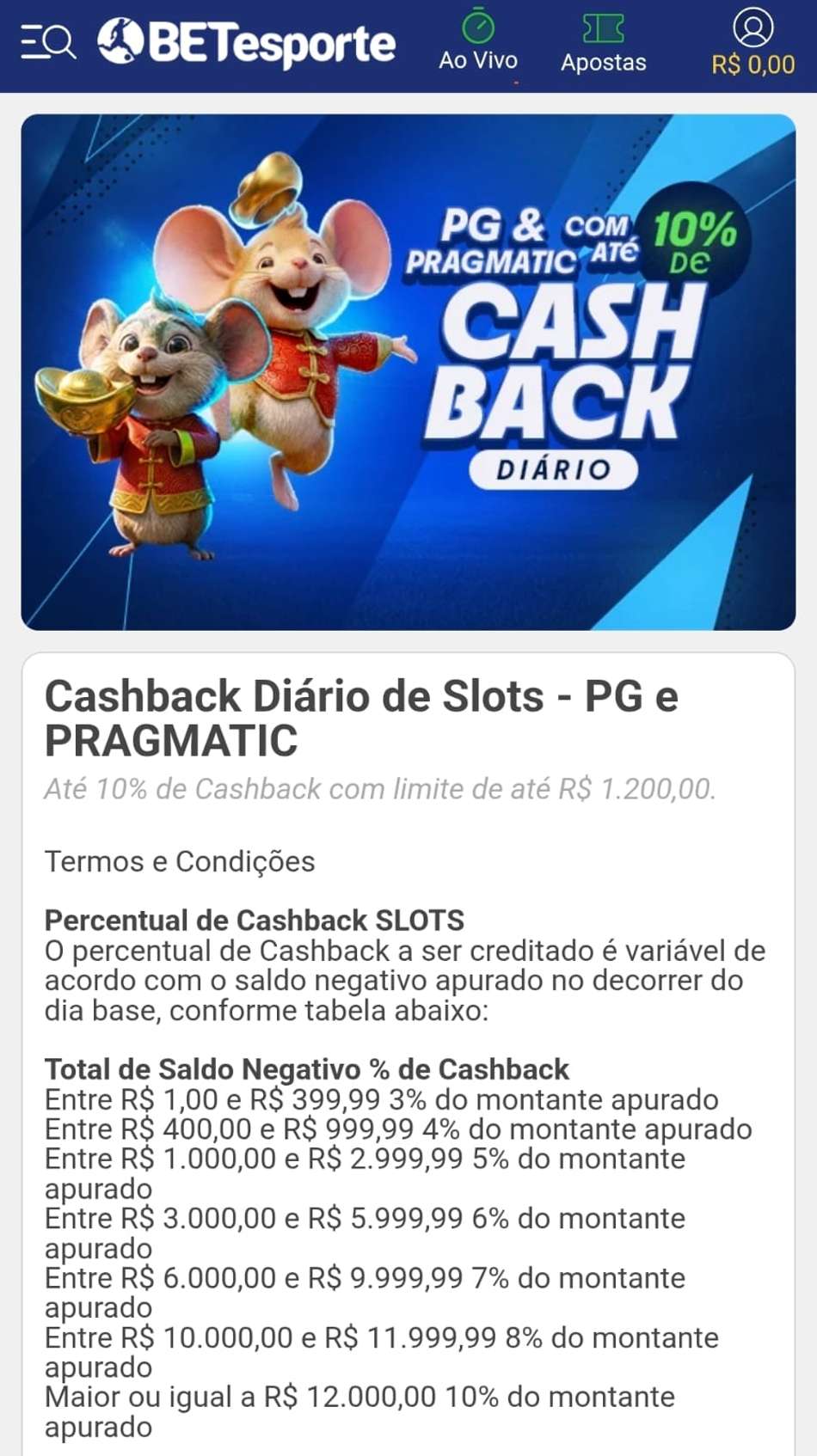 Captura de tela da campanha de cashback em slots da PG Soft e Pragmatic Play da BETesporte.