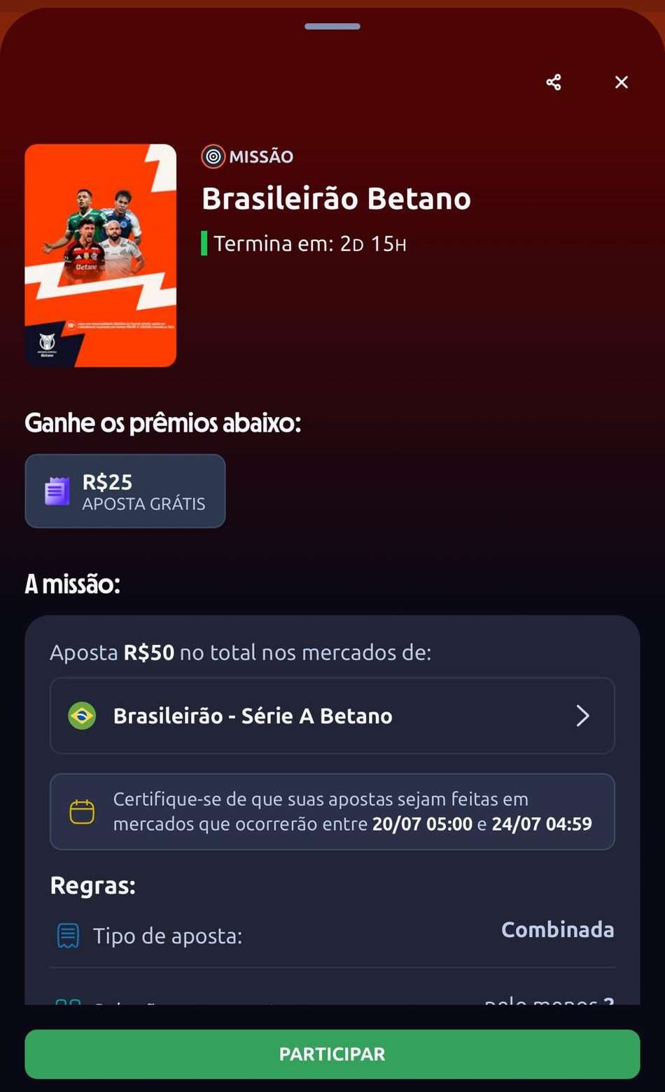 Captura de tela da missão Copa do Mundo da Betano.