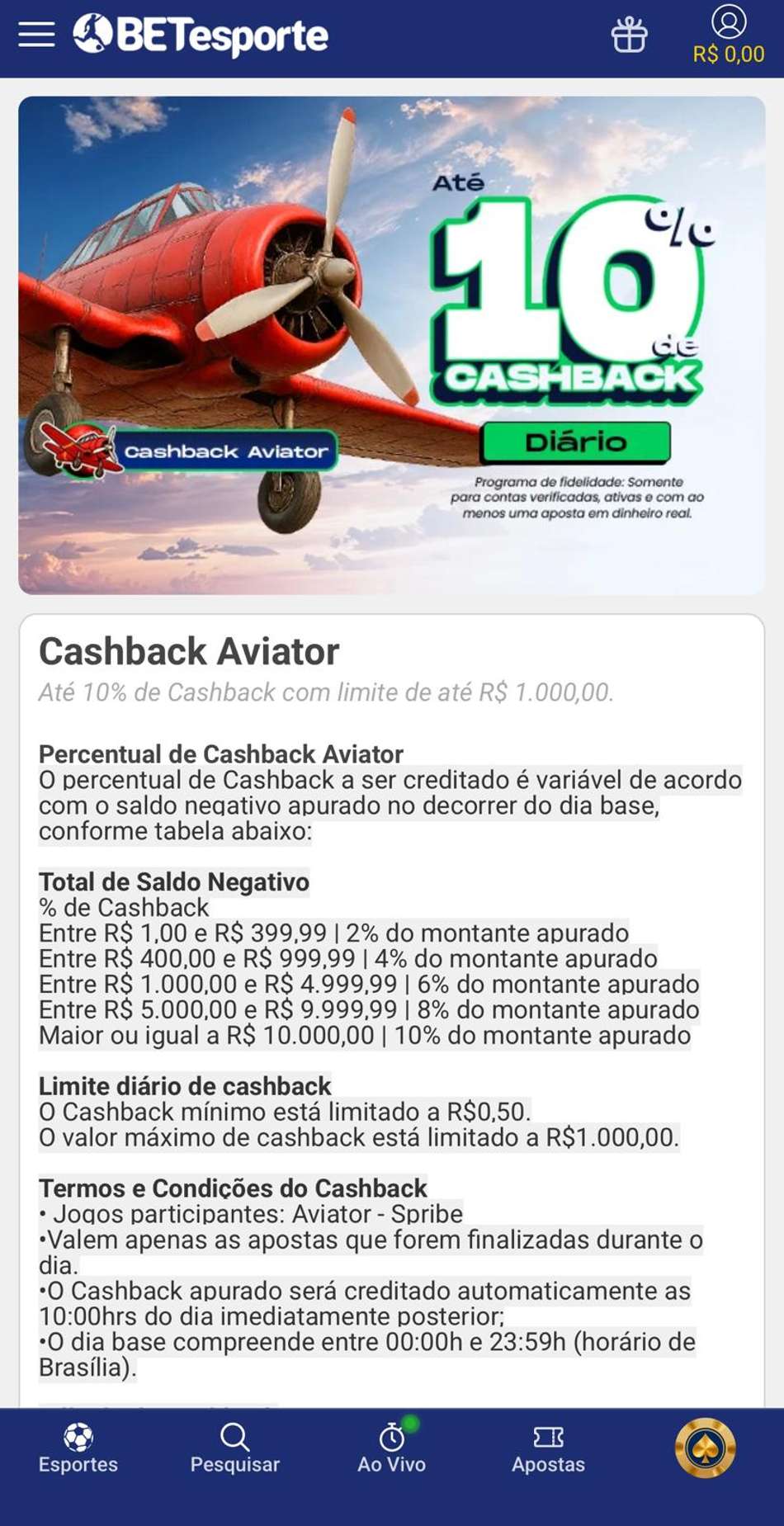 Captura de tela da promoção de cashback da BETesporte para as apostas no Aviator.