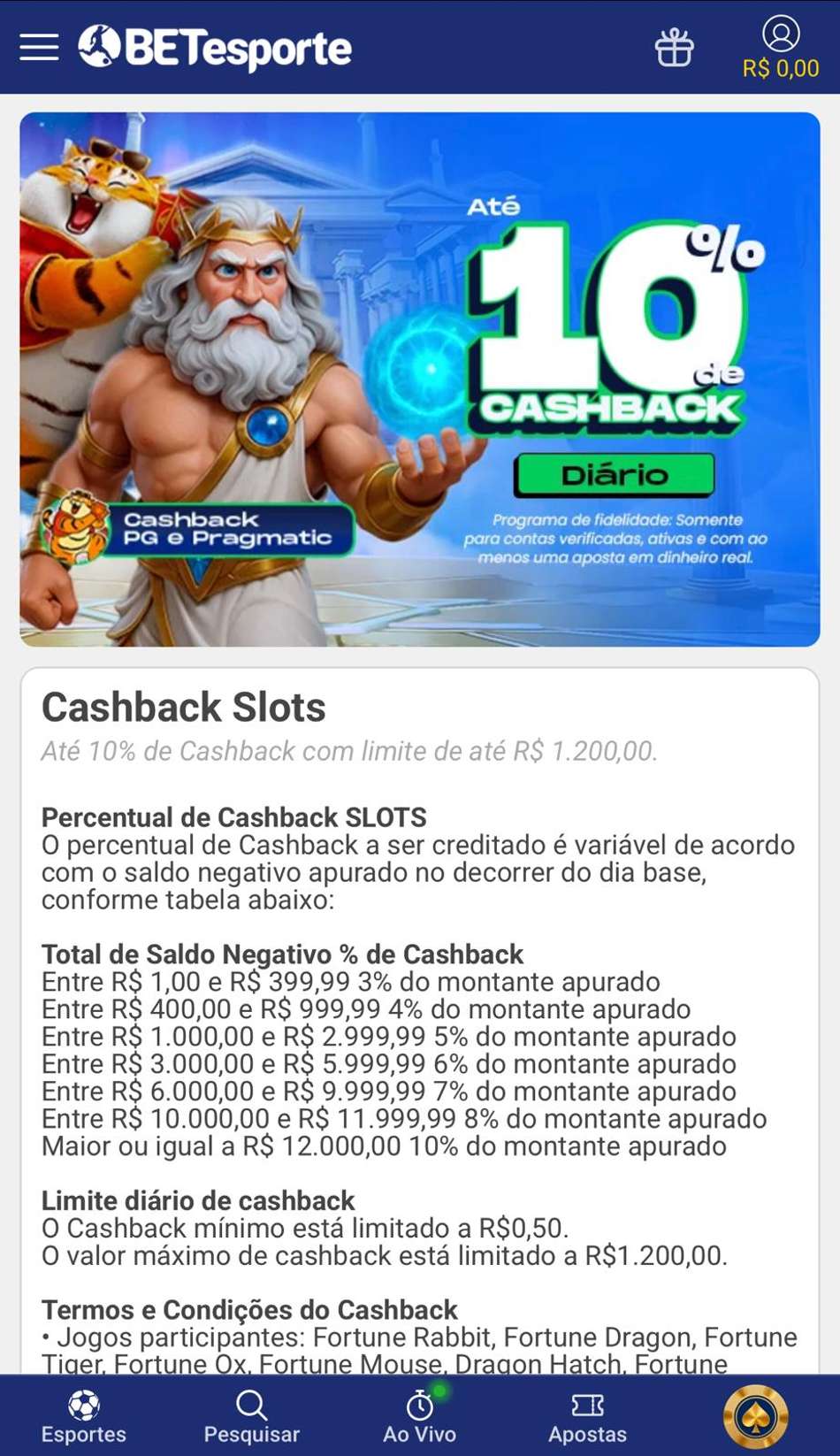 Captura de tela da campanha de cashback em slots da PG Soft e Pragmatic Play da BETesporte.