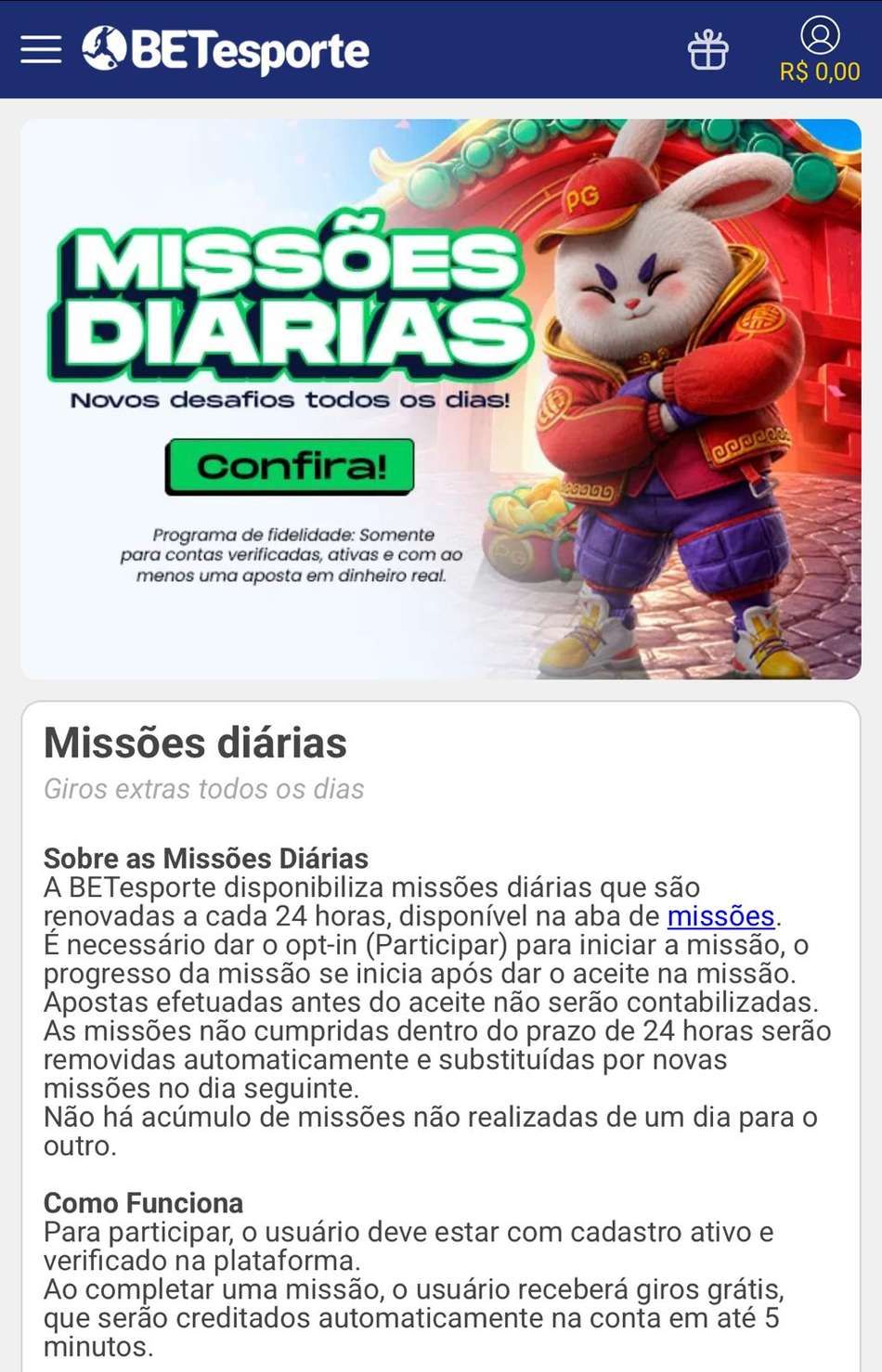 Captura de tela das missões disponíveis para usuários cadastrados e para quem ativou o código BETesporte, com recompensas de giros e apostas grátis.