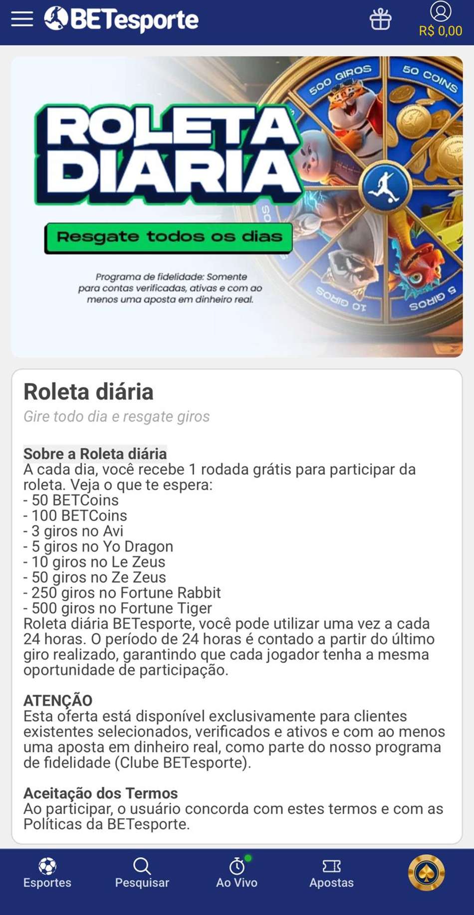 Captura de tela da Roleta Diária, disponível com ou sem o código BETesporte.
