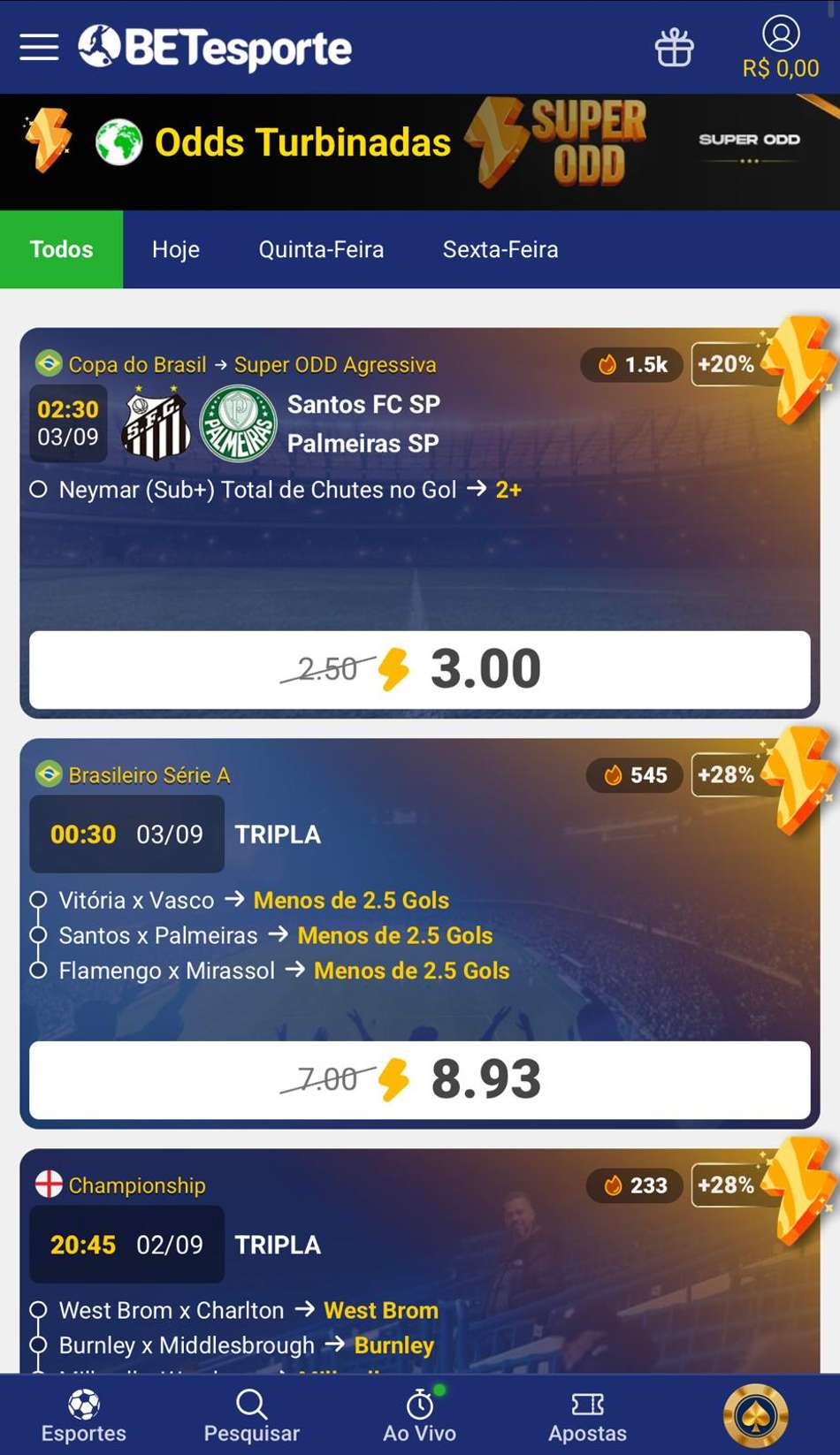 Captura de tela de eventos com SuperOdds na BETesporte.