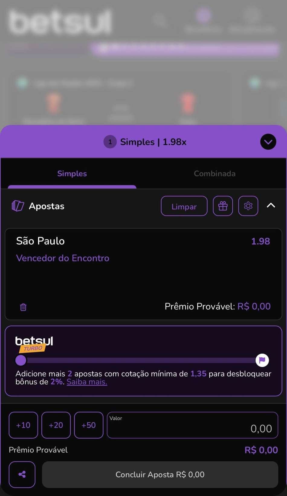 Captura de tela do bilhete de apostas na Betsul.