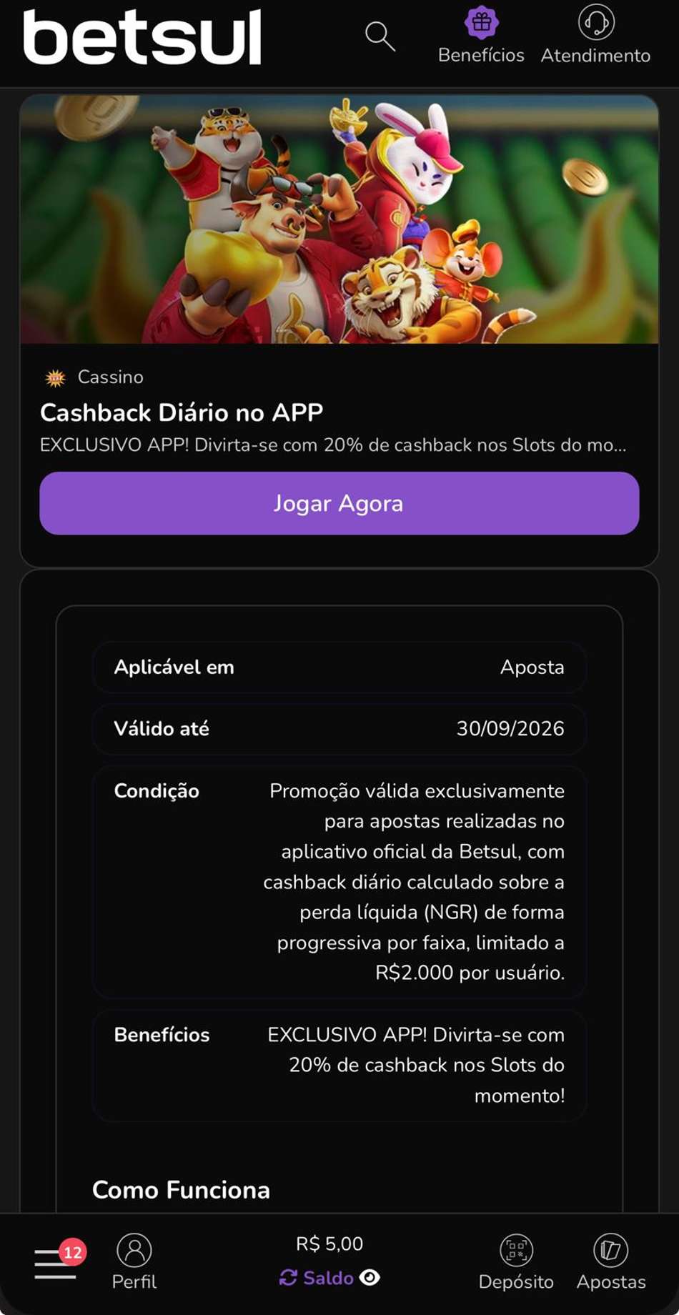 Captura de tela da campanha de cashback na Betsul.