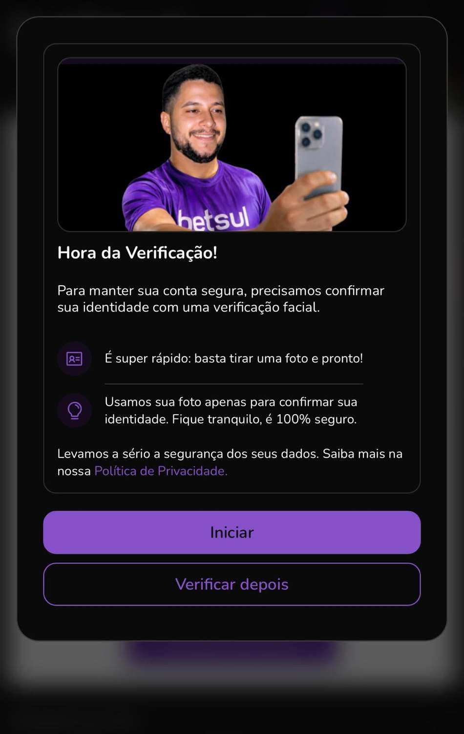 Captura da tela de verificação de identidade na Betsul.