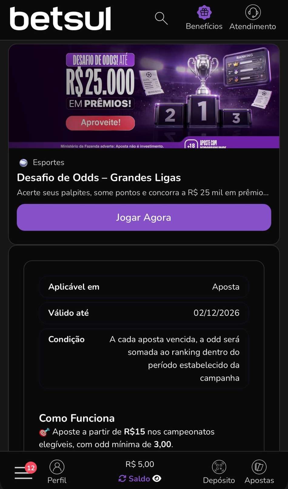 Captura de tela do Desafio de Odds na Betsul.