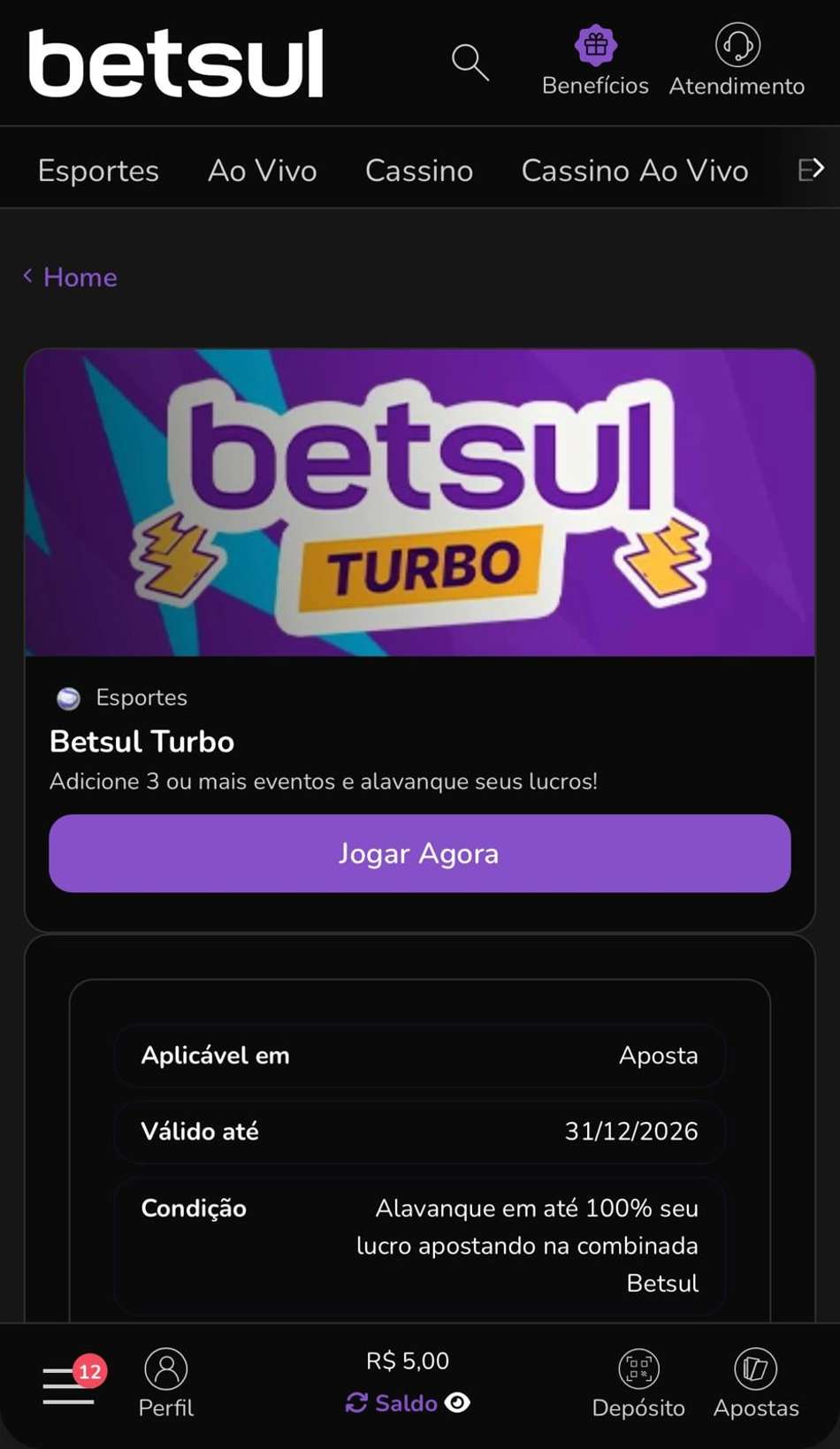 Captura de tela do Betsul Turbo, com ganhos aumentados em até 100% nas apostas combinadas.