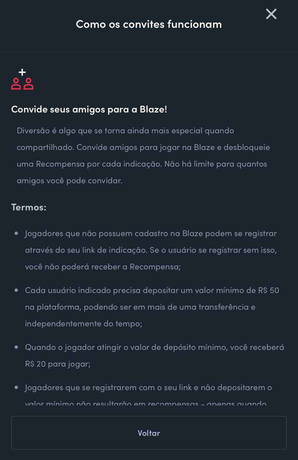 Captura de tela mostra regras do programa de indicação da Blaze.