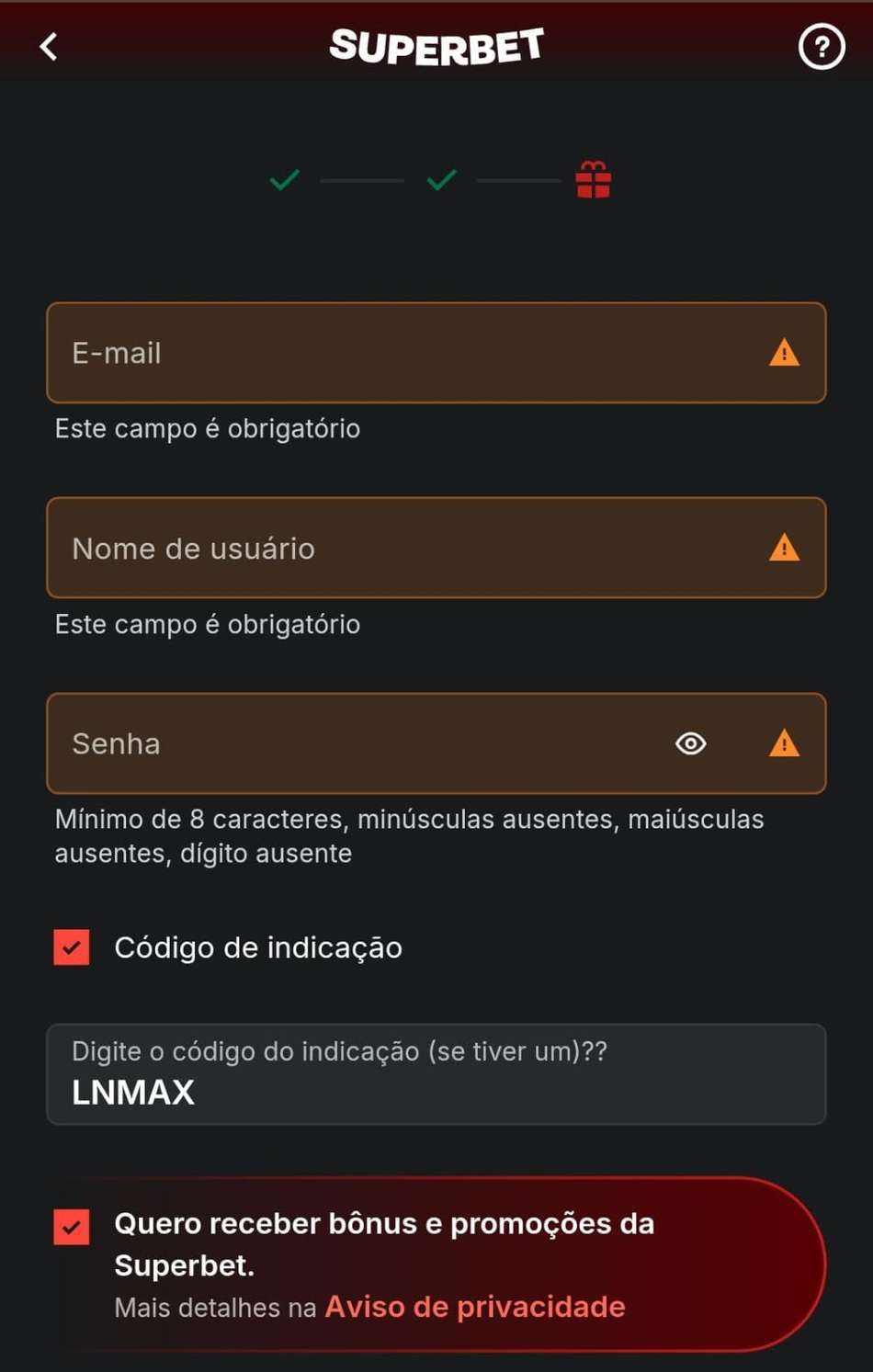 Captura de tela com o código de indicação Superbet LNMAX.