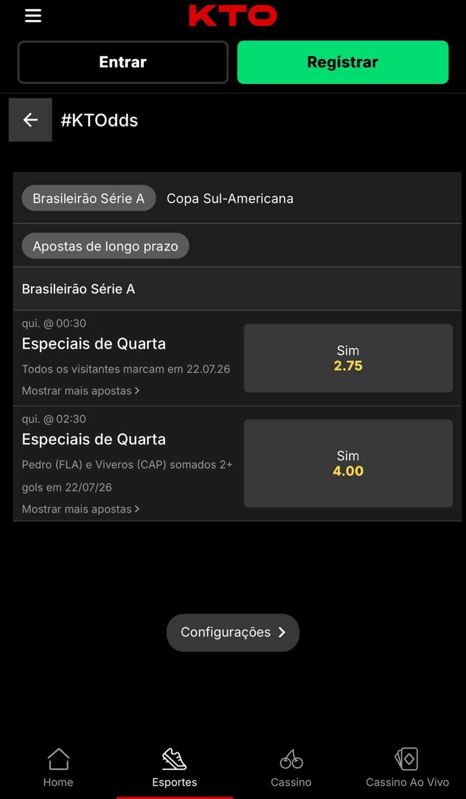 Captura de tela das KTOdds, uma campanha exclusiva da casa.