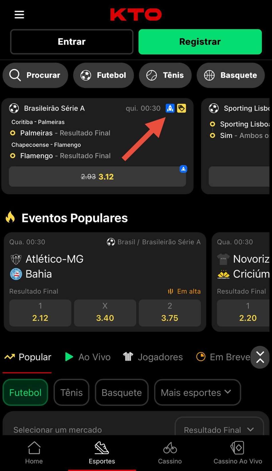 Captura de tela do bônus KTO Oddão, com odds aumentadas.