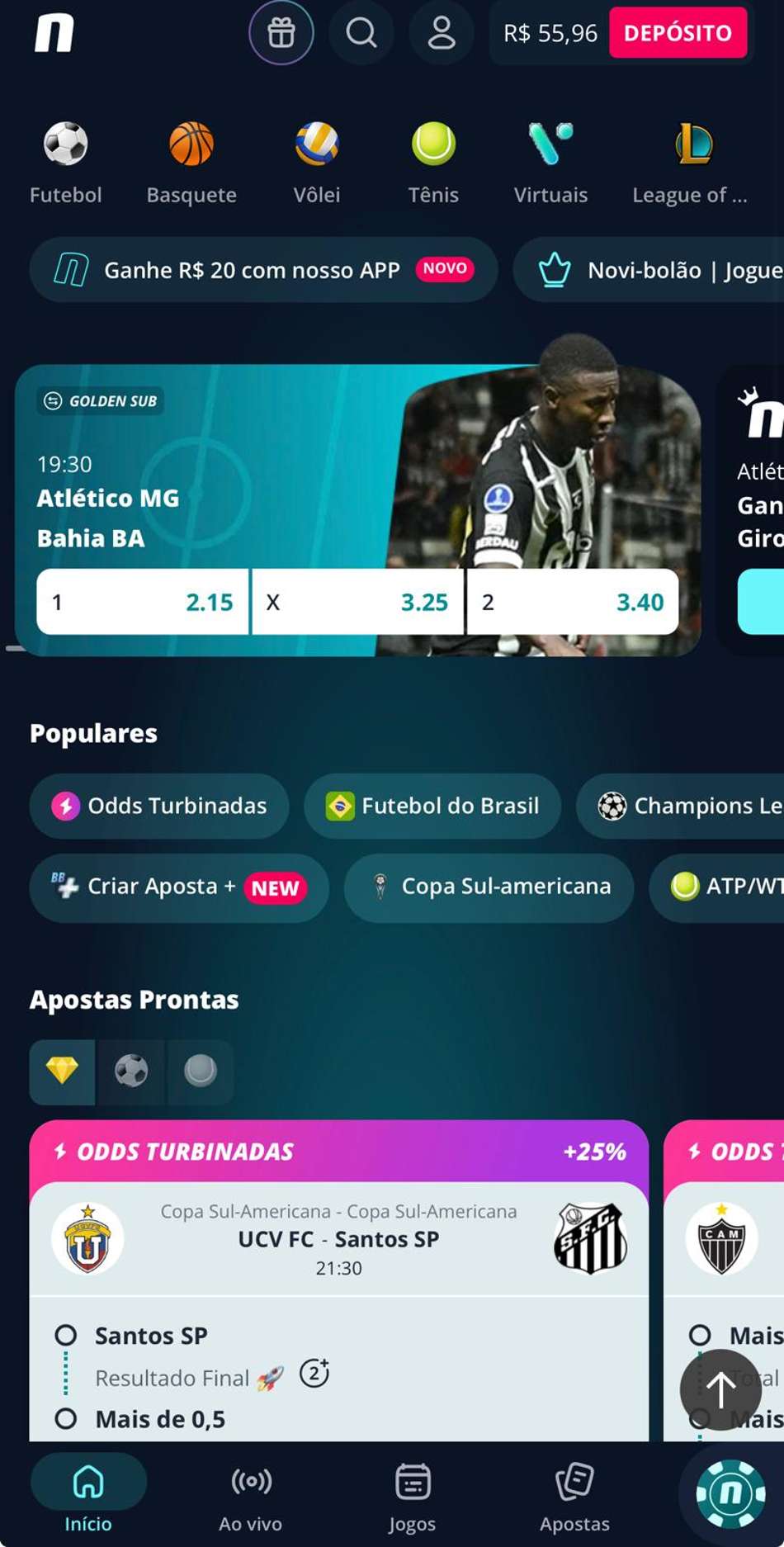 Captura de tela da página inicial de apostas esportivas na Novibet.