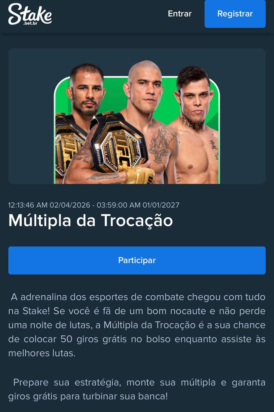 Captura de tela da promoção Múltipla da Trocação, com o código Stake.
