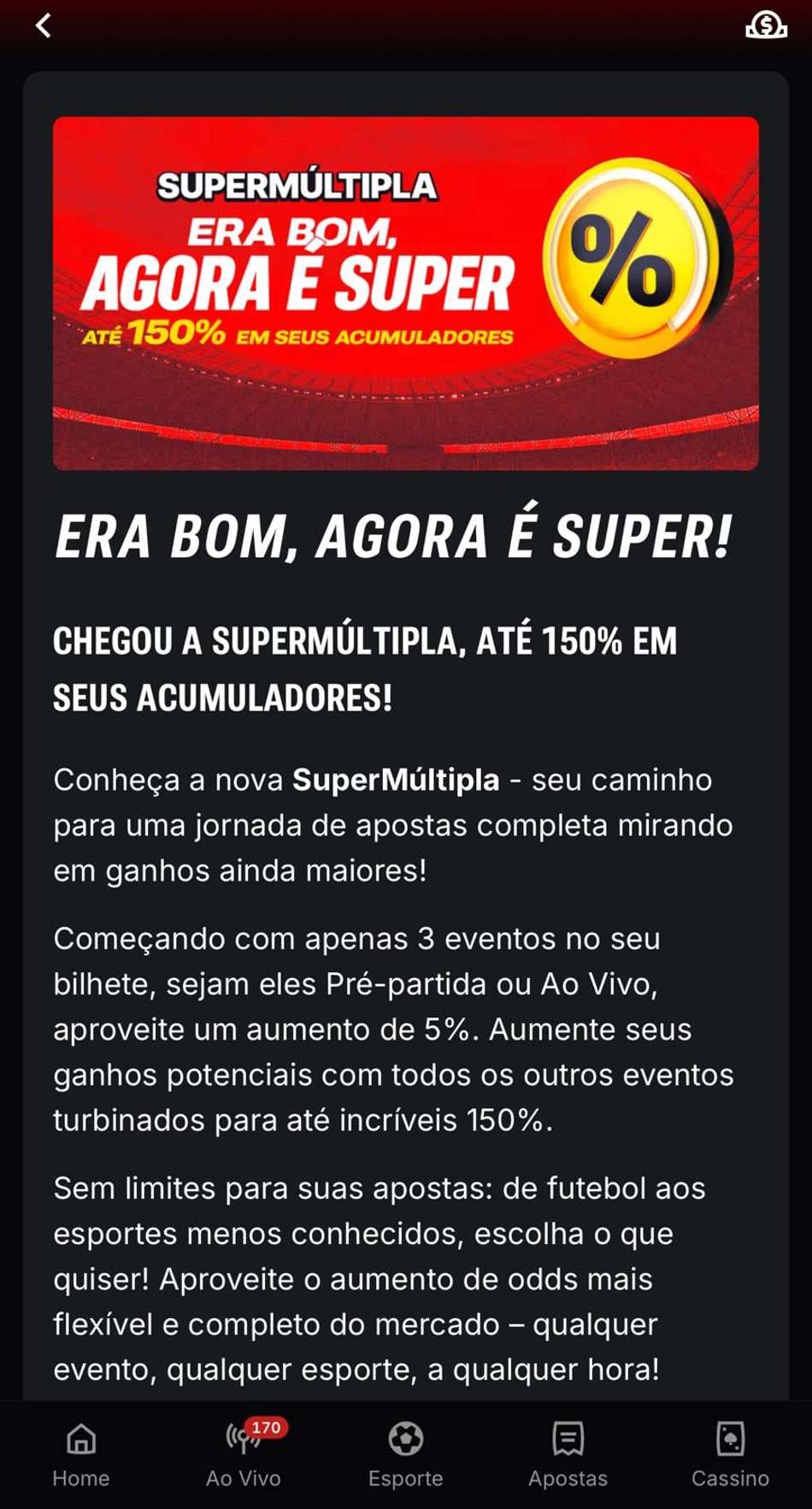 Captura da tela da SuperMúltipla, promoção do site de apostas no Campeonato Mineiro Superbet.