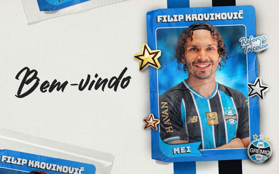 Krovinović com a camisa do Grêmio em arte feita com as cores do clube para anúncio