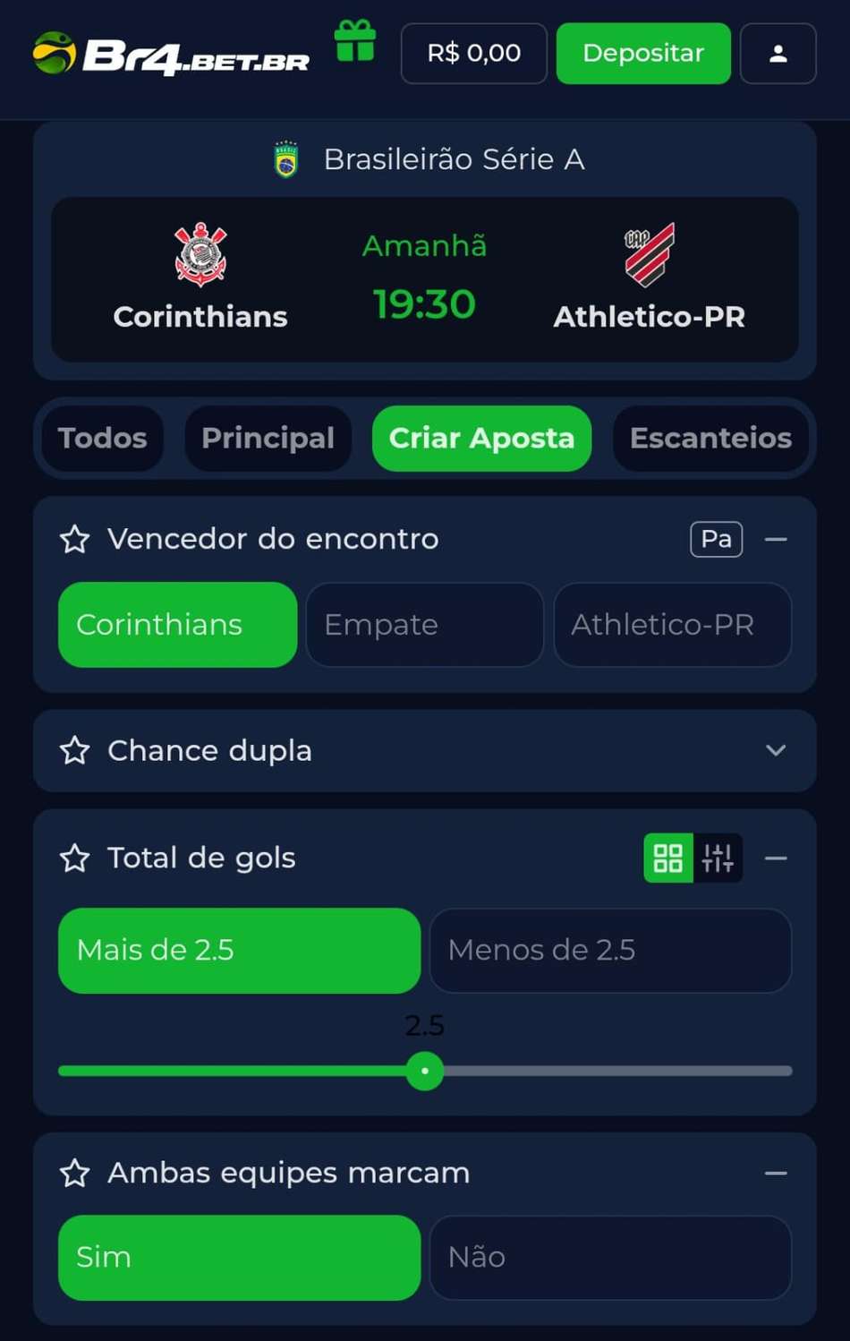 Captura de tela da função Criar Aposta na BR4BET.