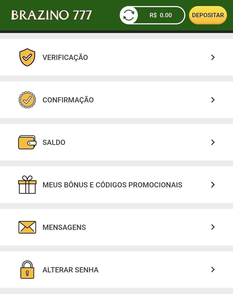 Captura de tela dos menus de usuário na Brazino777 com os botões para verificação, alteração de senha e outros.