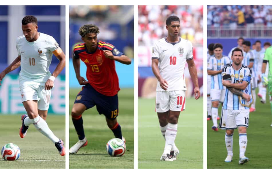 Imagens de Kylian Mbappé, Lamine Yamal, Jude Bellingham e Lionel Messi na Copa do Mundo de 2026.