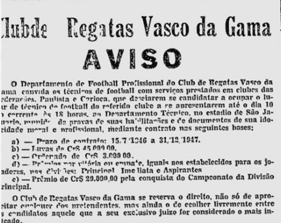Anúncio no jornal busca técnico para o Vasco