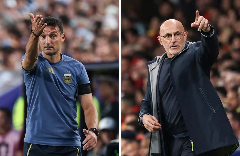 O técnico da Argentina, Lionel Scaloni (esq.), e o técnico da Espanha, Luis de la Fuente, antes da final da Copa do Mundo de 2026